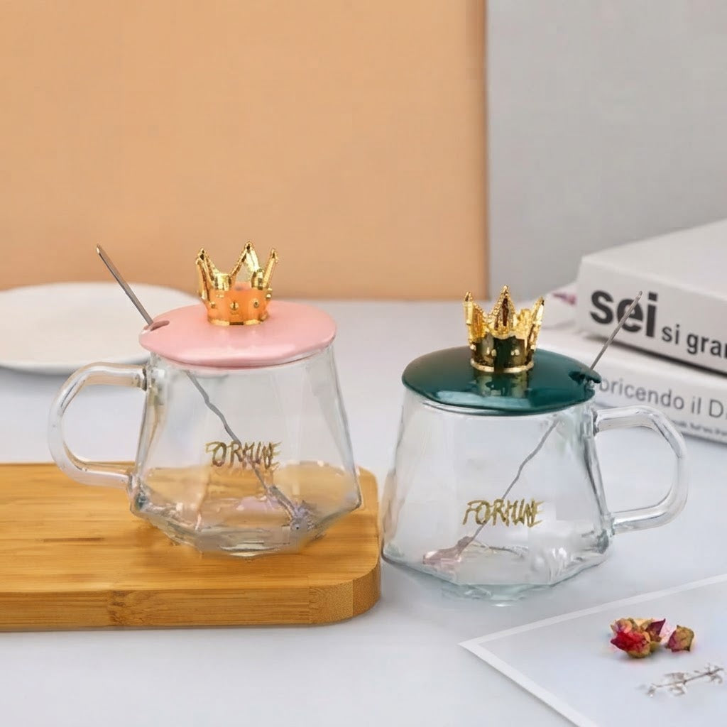 Luxury Golden Crown Glass Mug with Handle & Spoon