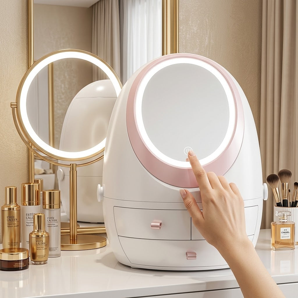 LED Makeup Mirror Desktop Organizer Cosmetic & Jewelry Storage Box