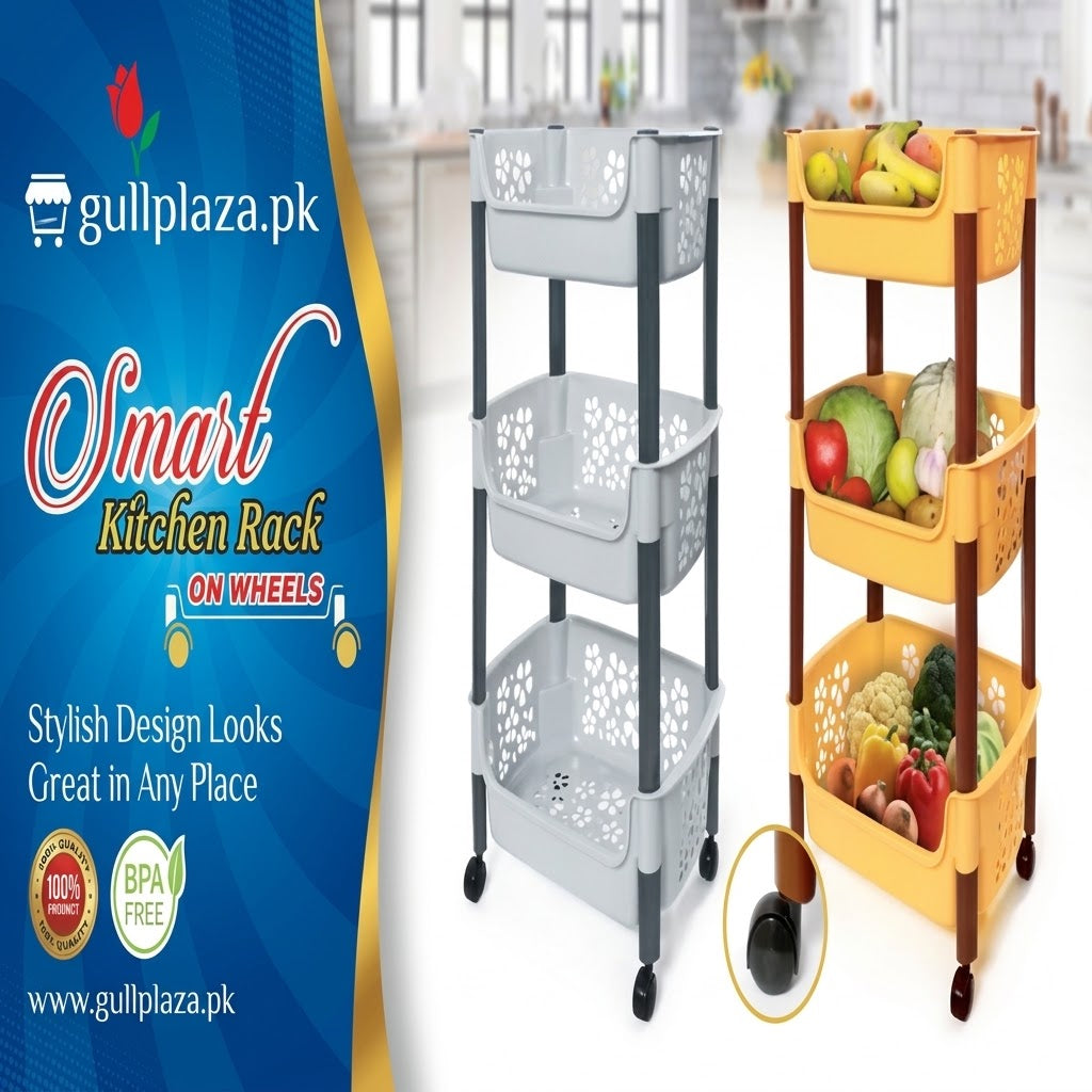 3-Tier Multipurpose Kitchen Storage Rack with Wheels