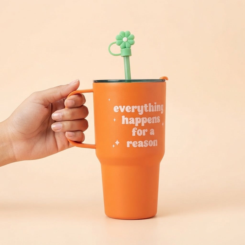 Cute Mini Tumbler 750ml with Straw & Cap - Orange