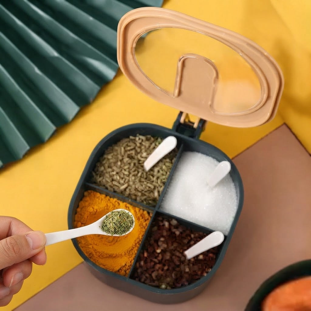 4 Grid Spice Seasoning Food and Masala Rack Box with Spoon