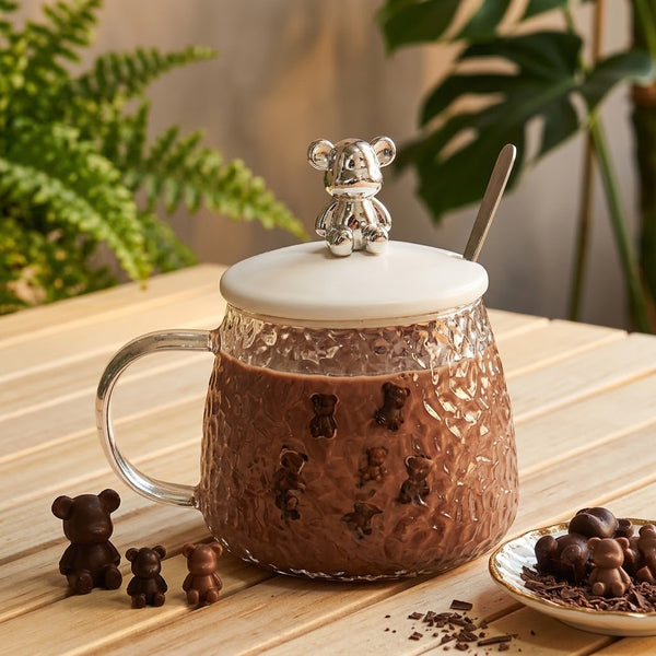 Heat-Resistant Diamond Glass Mug with Cute Rabbit Lid & Spoon