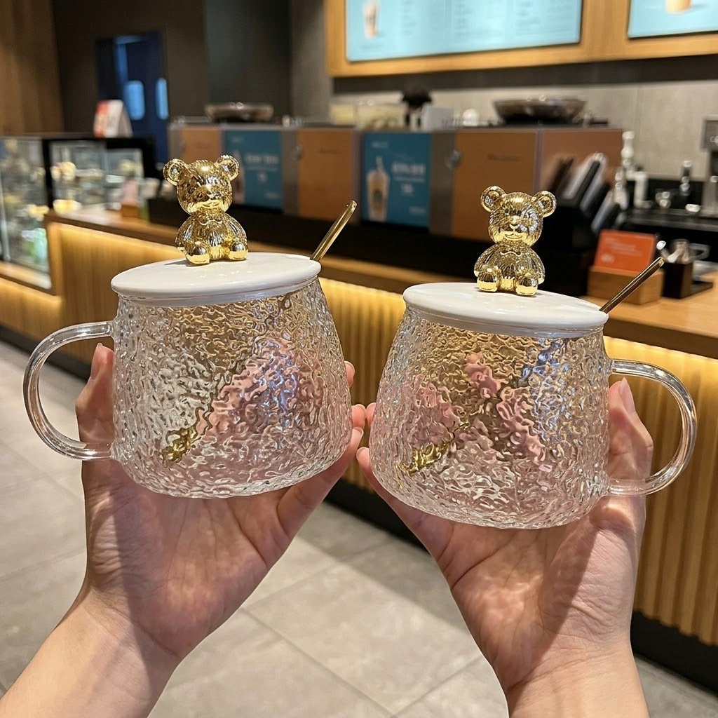 Heat-Resistant Diamond Glass Mug with Cute Rabbit Lid & Spoon