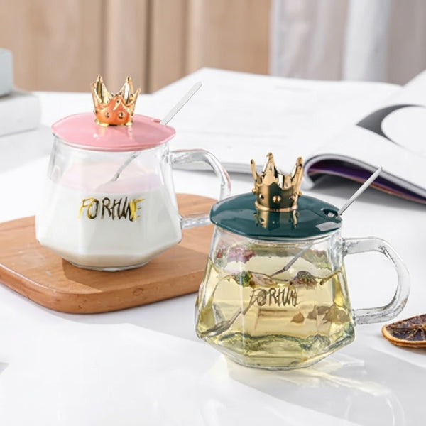 Luxury Golden Crown Glass Mug with Handle & Spoon