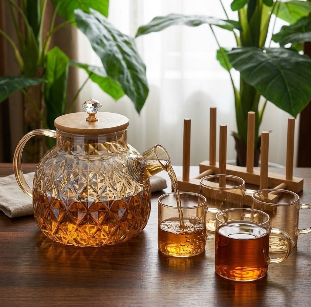 Luxury Diamond Pattern Glass Teapot Set