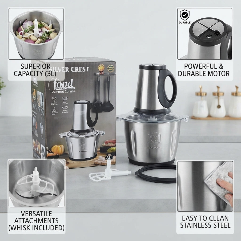 GullPlaza.pk Silver Crest 3L Electric Food Chopper with Egg Beater