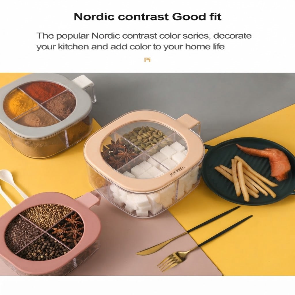 4 Grid Spice Seasoning Food and Masala Rack Box with Spoon