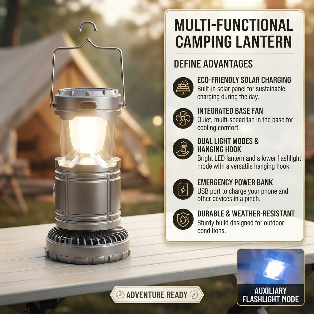 6-in-1 Solar Rechargeable Camping Lantern Fan