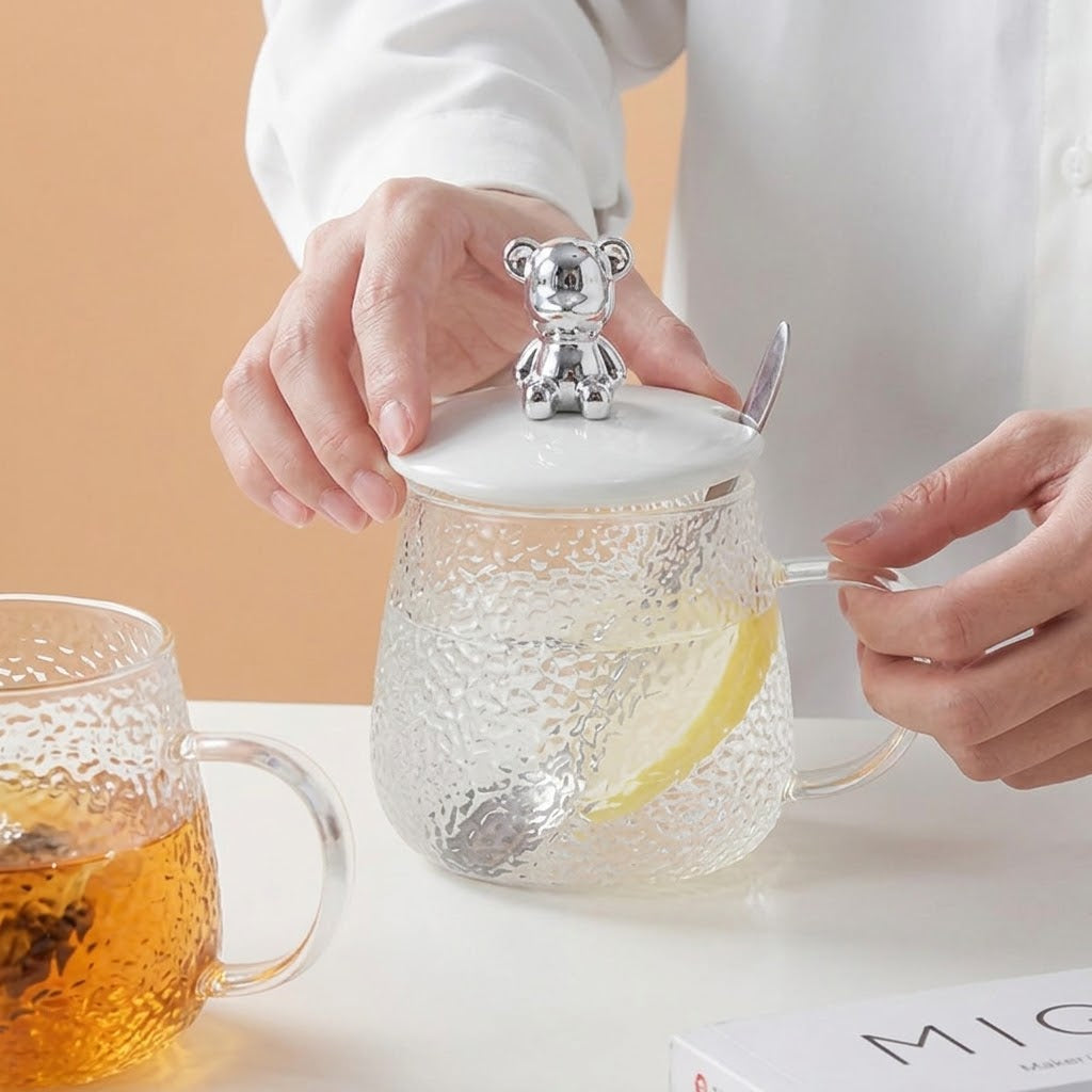 Heat-Resistant Diamond Glass Mug with Cute Rabbit Lid & Spoon
