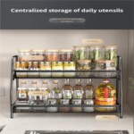 2 Tier Foldable Metal Spice Rack Kitchen and Bathroom Organizer, Storage Shelf for Jars, Condiments, Toiletries, and Cosmetics - Image 3