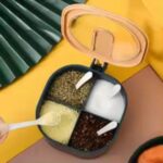 4 Grid Spice Seasoning Food and Masala Rack Box with Spoon – Multipurpose Kitchen Storage Jar Set