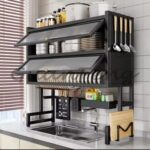 Dish Rack with Utensil Holder – Dustproof Carbon Steel Kitchen Organizer for Plates, Bowls & Cutting Boards