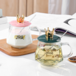 Luxury Golden Crown Glass Mug with Handle & Stainless Steel Spoon – Elegant Tea, Coffee, Chocolate & Juice Drinking Cup