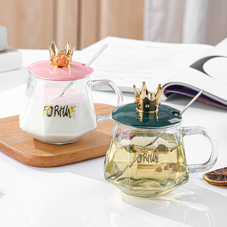 Ha082216586af419b8ff0cdf259438fb5n Luxury Golden Crown Glass Mug with Handle & Stainless Steel Spoon – Elegant Tea, Coffee, Chocolate & Juice Drinking Cup - Image 1