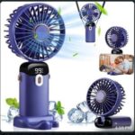 4-in-1 Portable Foldable Desk Fan - 5-Speed USB Rechargeable Neck Hanging Fan & Phone Stand with Digital LED Display Screen for Outdoor, Home & Travel