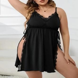 Black Silk Lace Nighty with Side Slit & V-Neck - Image 2