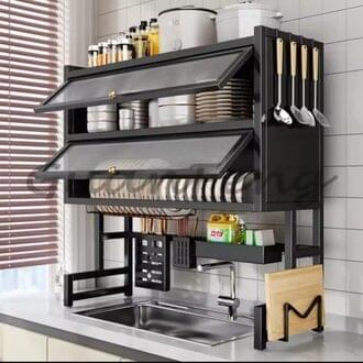f88bcabc-8395-4622-a33f-fe35a2d2b2e8-700x702-1-1.jpeg Dish Rack with Utensil Holder – Dustproof Carbon Steel Kitchen Organizer for Plates, Bowls & Cutting Boards - Image 1