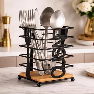 WhatsApp Image 2026-06-02 at 9.51.08 AM Black Metal Cutlery Holder Kitchen Utensil Organizer Spoon Fork Knife Storage Stand Countertop Basket Durable Rack - Image 1